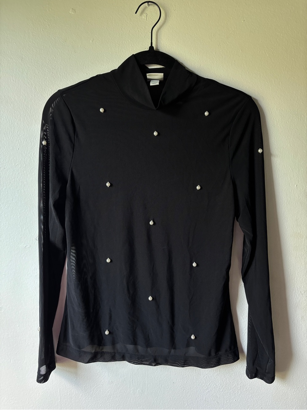a new day Black Long-Sleeve Sheer Mesh Mock Neck Top with Pearl Studs